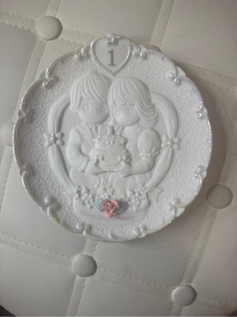Vintage 1995 Precious Moments White Commemorative Plate with Pink Script